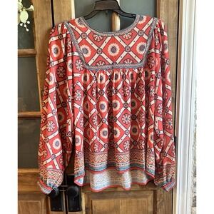 Flying Tomato‎ by Anthropologie M Blouse Orange Geometric Peasant Balloon Sleeve